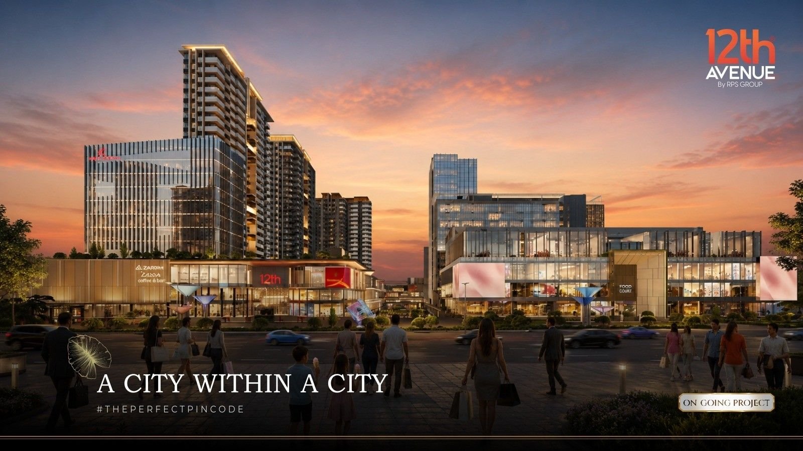 Official architectural rendering of 12th Avenue by RPS Group at sunset — A City Within A City