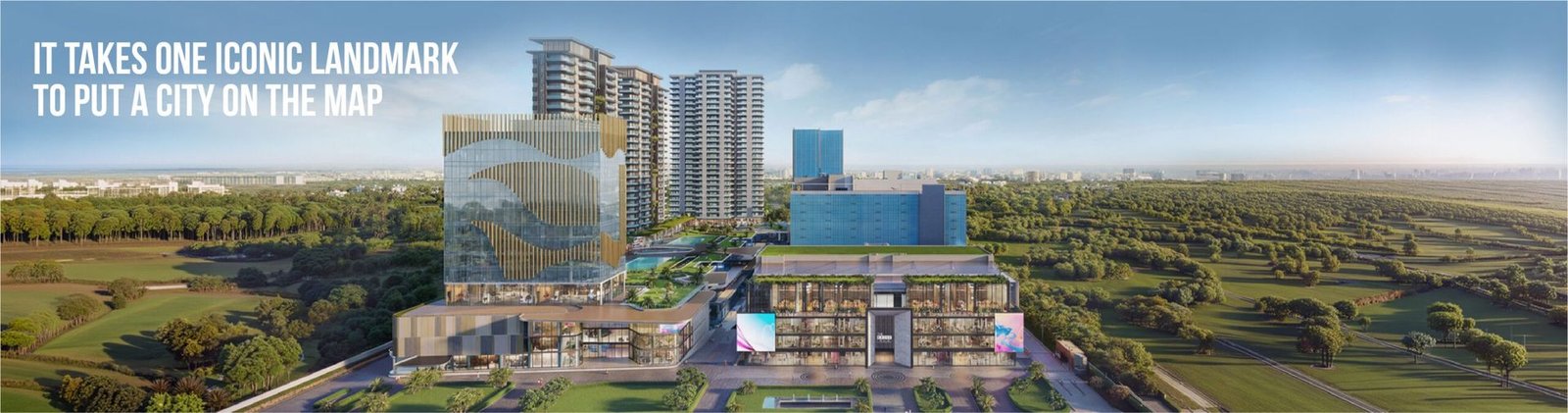 Wide banner view of 12th Avenue towers rising above the Delhi–Mathura Road corridor