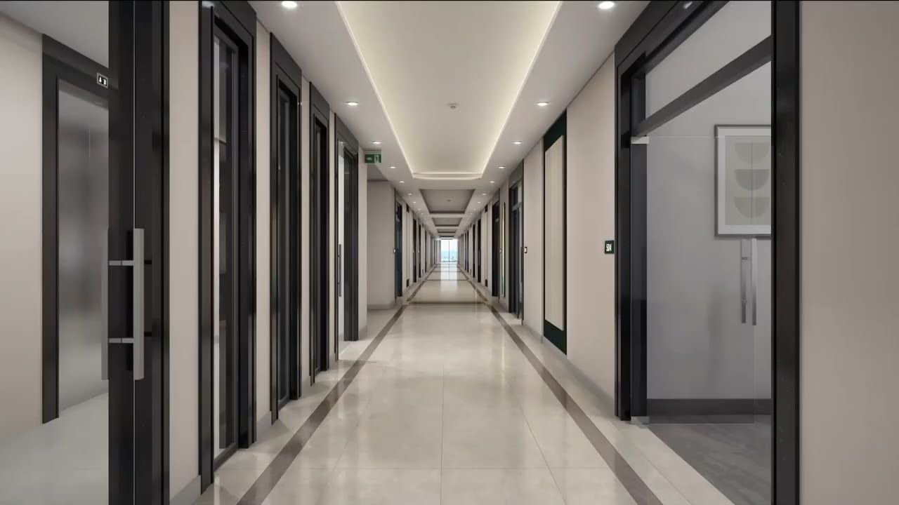 Marble-finished office corridor with glass doors at 12th Avenue