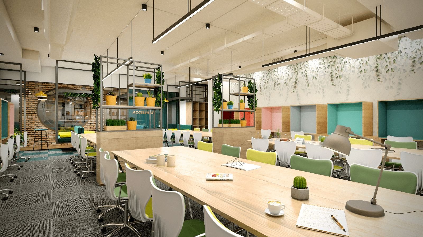 Modern co-working office lounge with long work table and informal seating